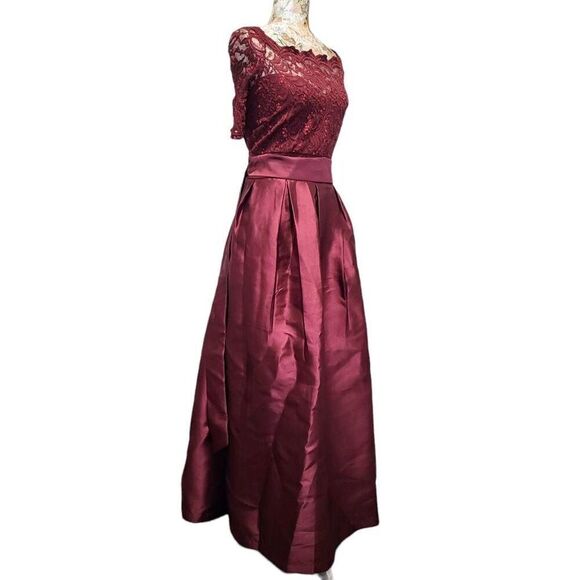 Candalite Formal Burgundy Sheer Lace Sequin Satin Skirt Long Gown Maxi Dress - Picture 3 of 10